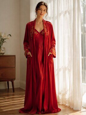 Red Satin & Velvet Gown & Robe w/ Pockets-Womens Intimates - S/M